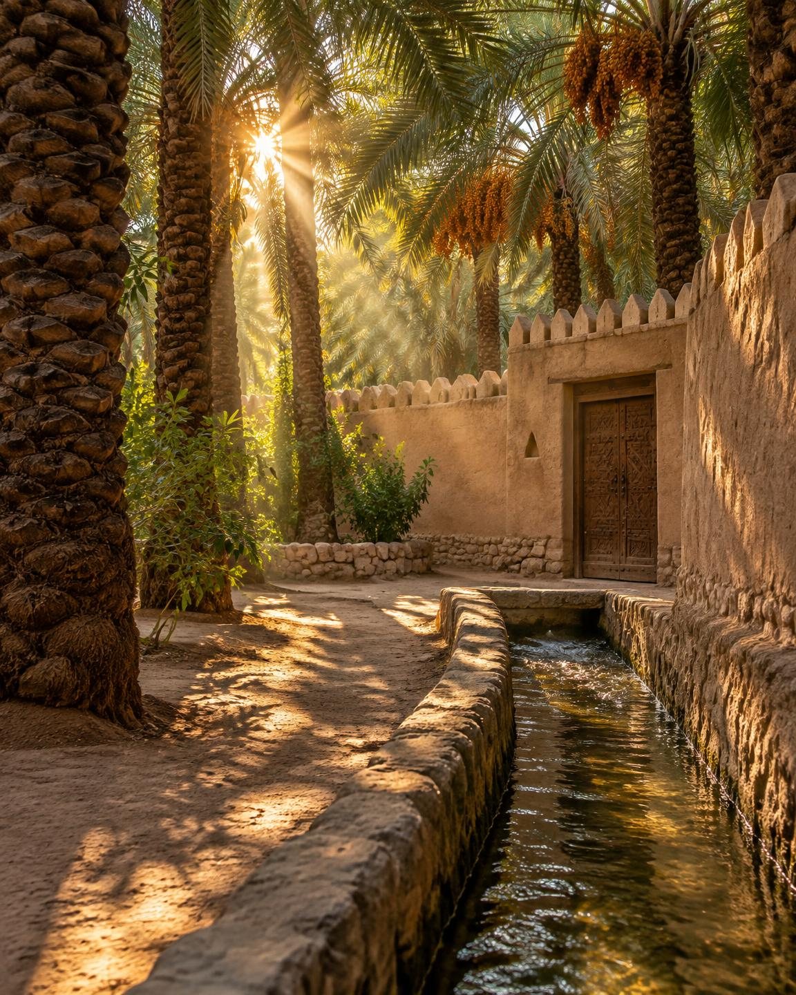 Sunlight falling through date palms onto a falaj water channel beside a mud-brick wall in an Al Ain oasis